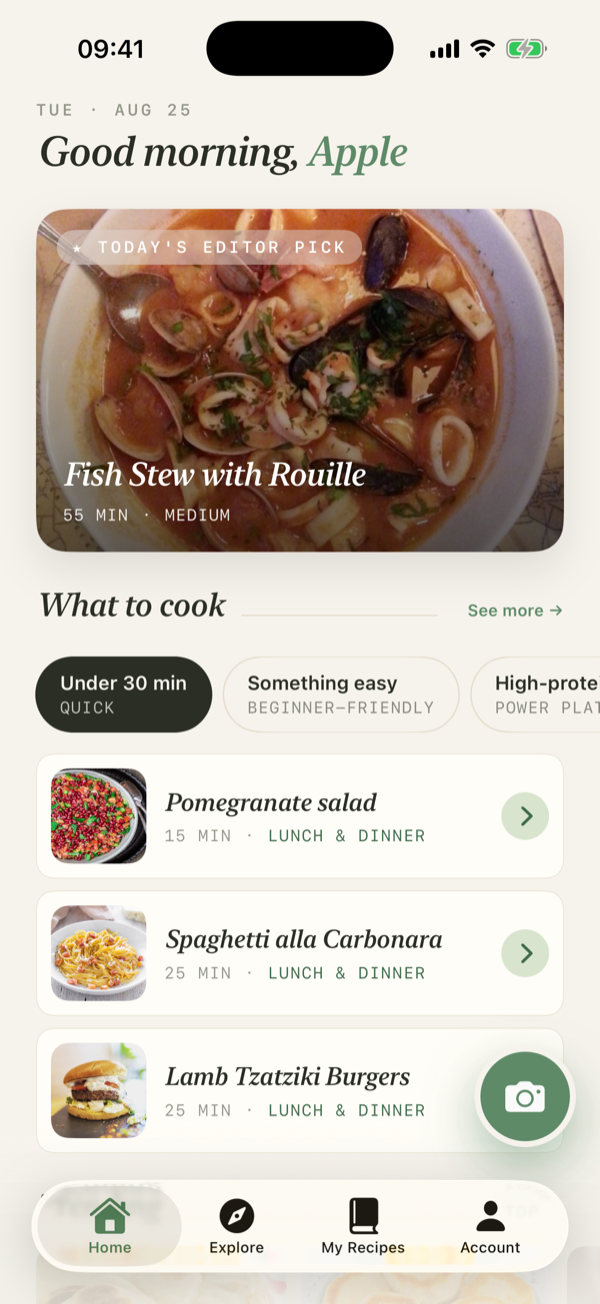 AnnaChef Home screen: today's editor pick and recipe suggestions