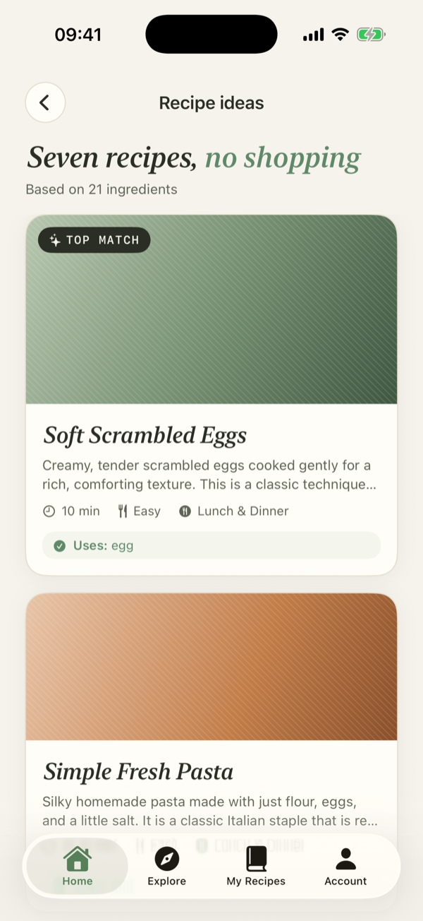 AnnaChef results: seven recipes with no shopping needed, top match first